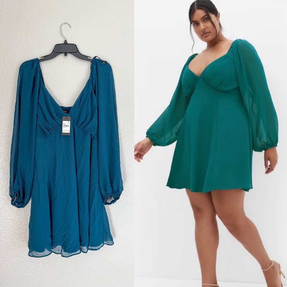 City Chic Plus Size Deep Teal Flounce Mini Long Sleeve Dress